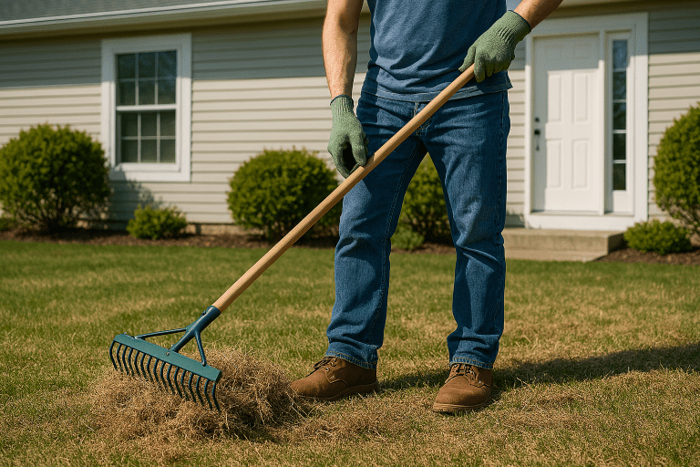 Person using a thatching rake