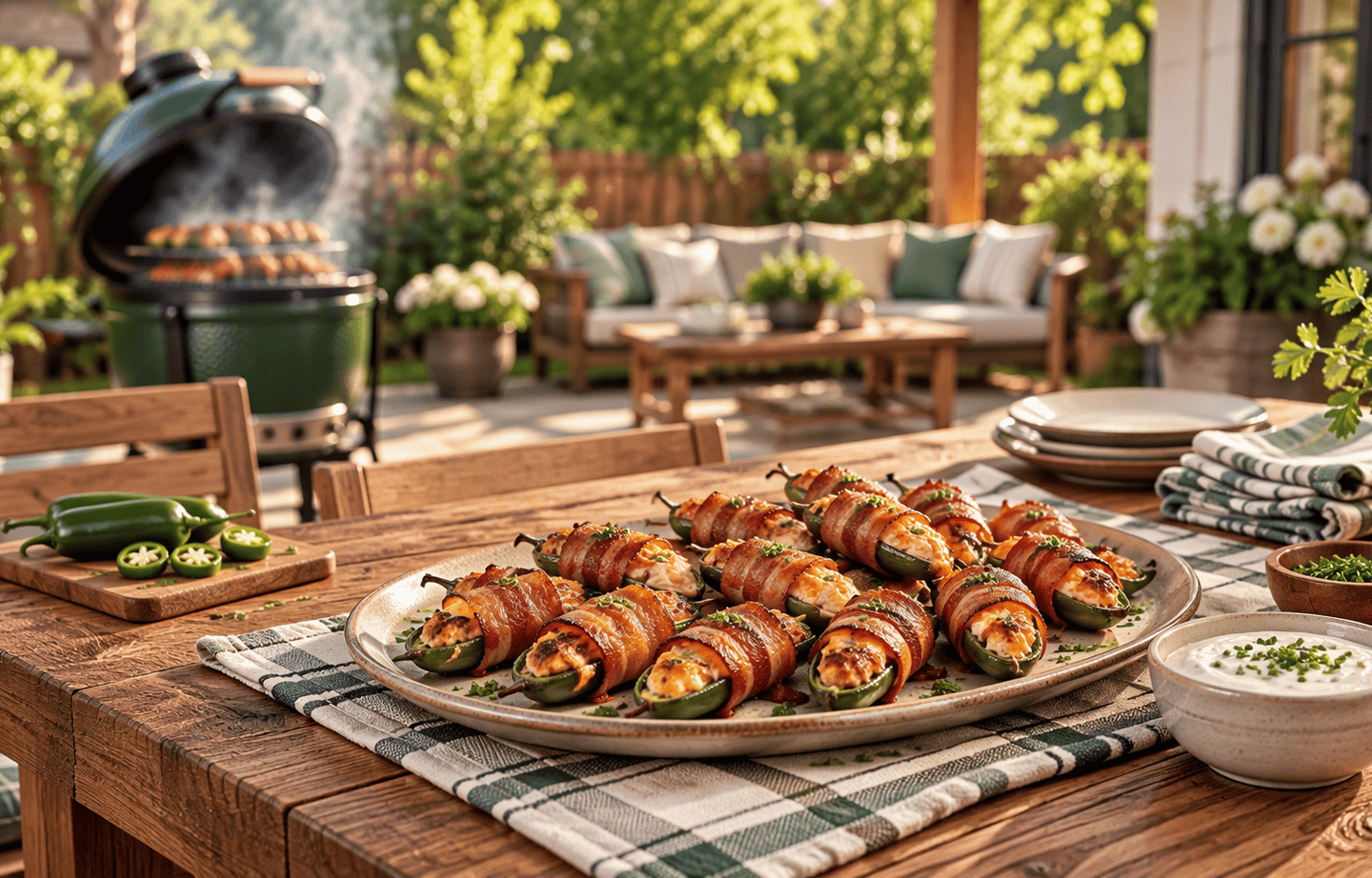 Jalapeño Poppers on a serving platter on a wooden table in a backyard.