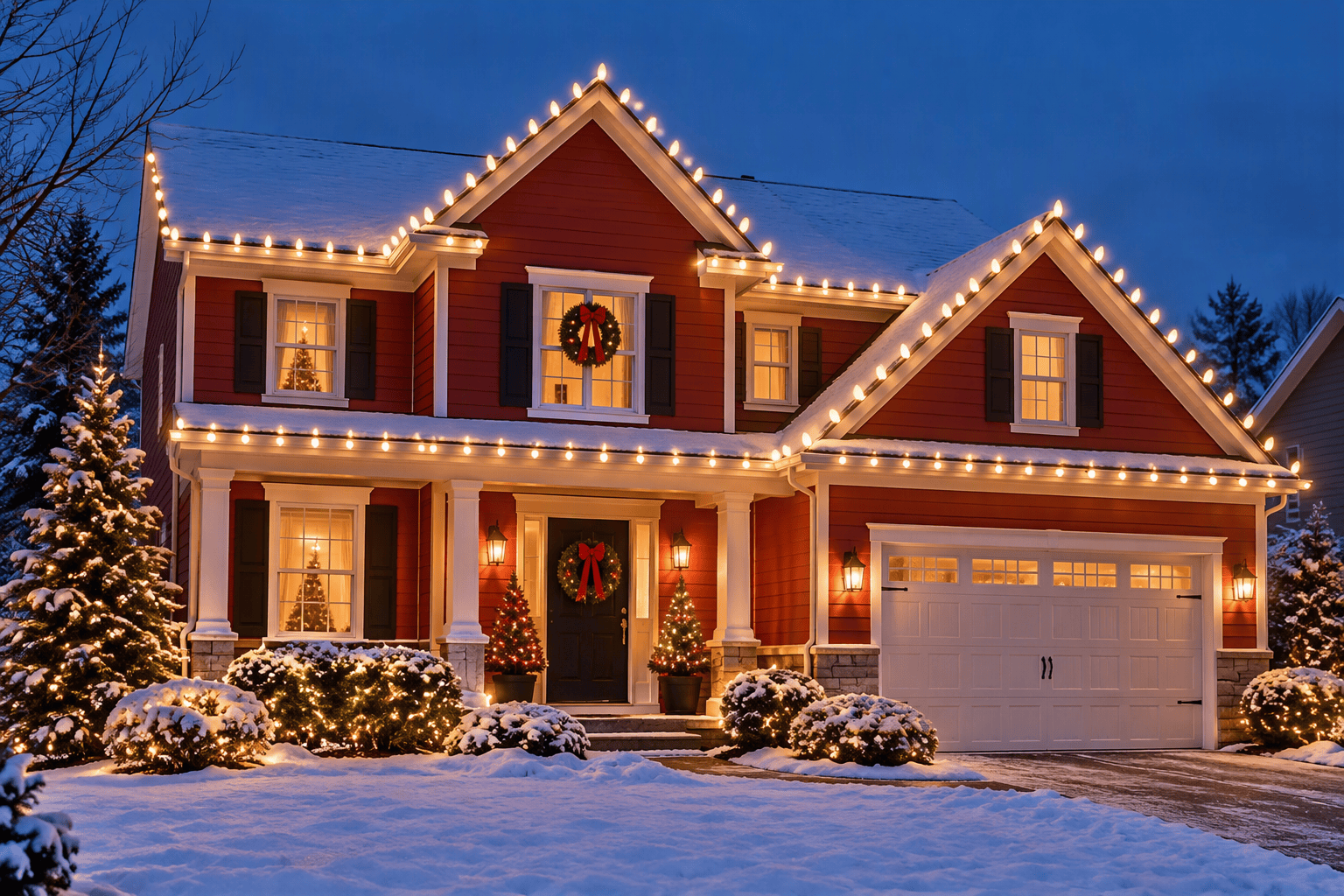 House decorated with roofline Christmas lights at night.